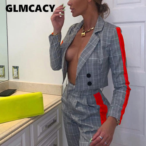 Women 2 Pieces Plaid Suits Crop Top Blazer and Pants/Skirts 2 Piece Outfits Autumn Office Ladies Suits Set Classy Streetwear
